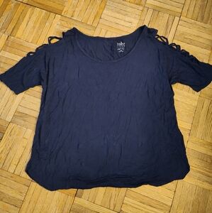 New York & Company Navy Blue Short Sleeve Top With Cutout Sleeve Detail
